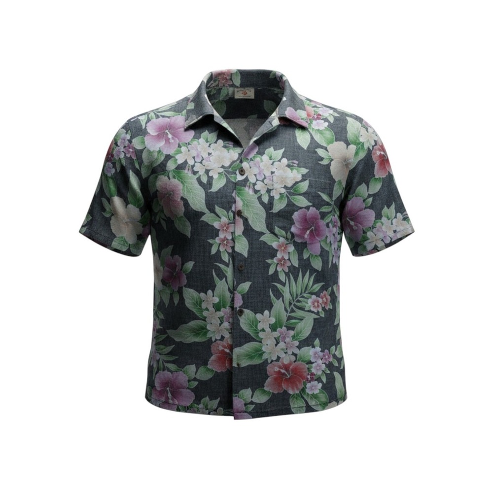 Hawaii Station Mens Floral Hibiscus Aloha Shirt Grey Pink Made in Hawaii XL